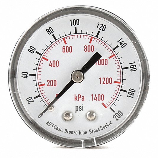 Commercial Pressure Gauge: 0 to 200 psi, 2 in Dial, 1/4 in NPT Male, Center Back