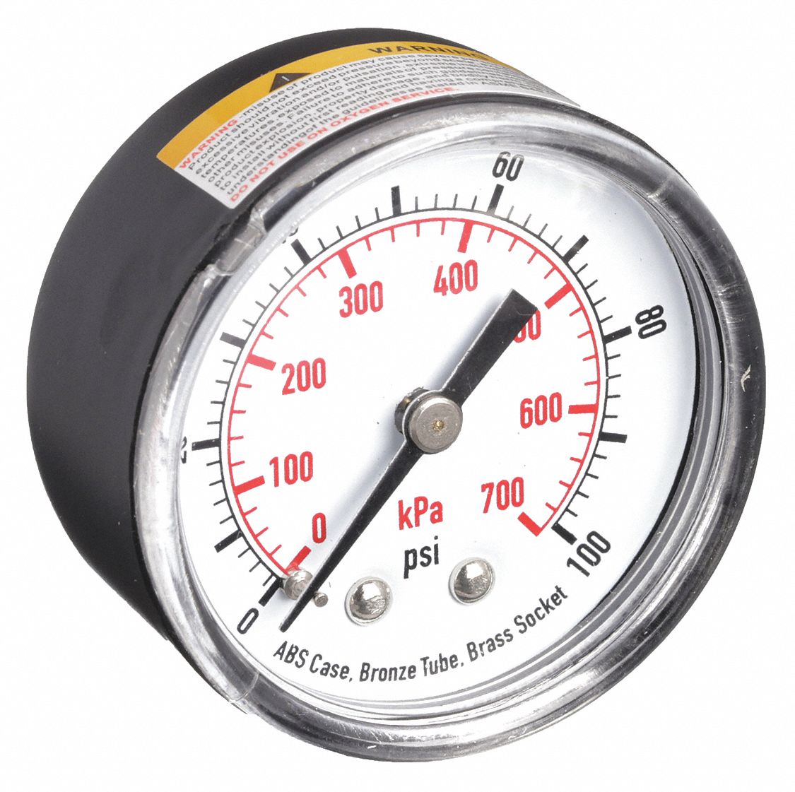 Commercial Pressure Gauge: 0 psi / Hg to 100 psi, 3 1/2 in Dial, 1/4 in NPT Male