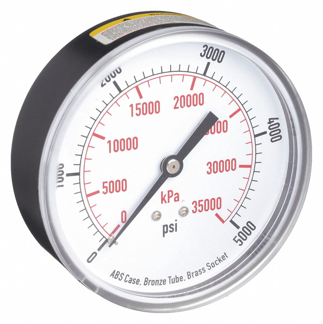 Commercial Pressure Gauge: 0 psi / Hg to 5, 000 psi, 3 1/2 in Dial, 1/4 in NPT Male