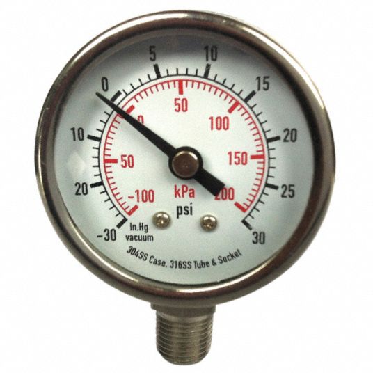 GRAINGER APPROVED Vacuum Gauge, 100 kPa Vac to 0, 30 in Hg Vac to 0