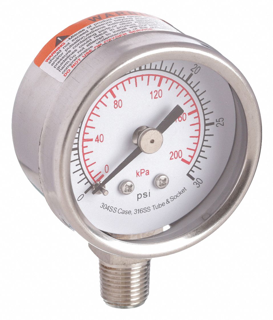COMMERCIAL PRESSURE GAUGE, 0 PSI/HG TO 30 PSI, 1 1/2 IN DIAL, 1/8 IN NPT MALE