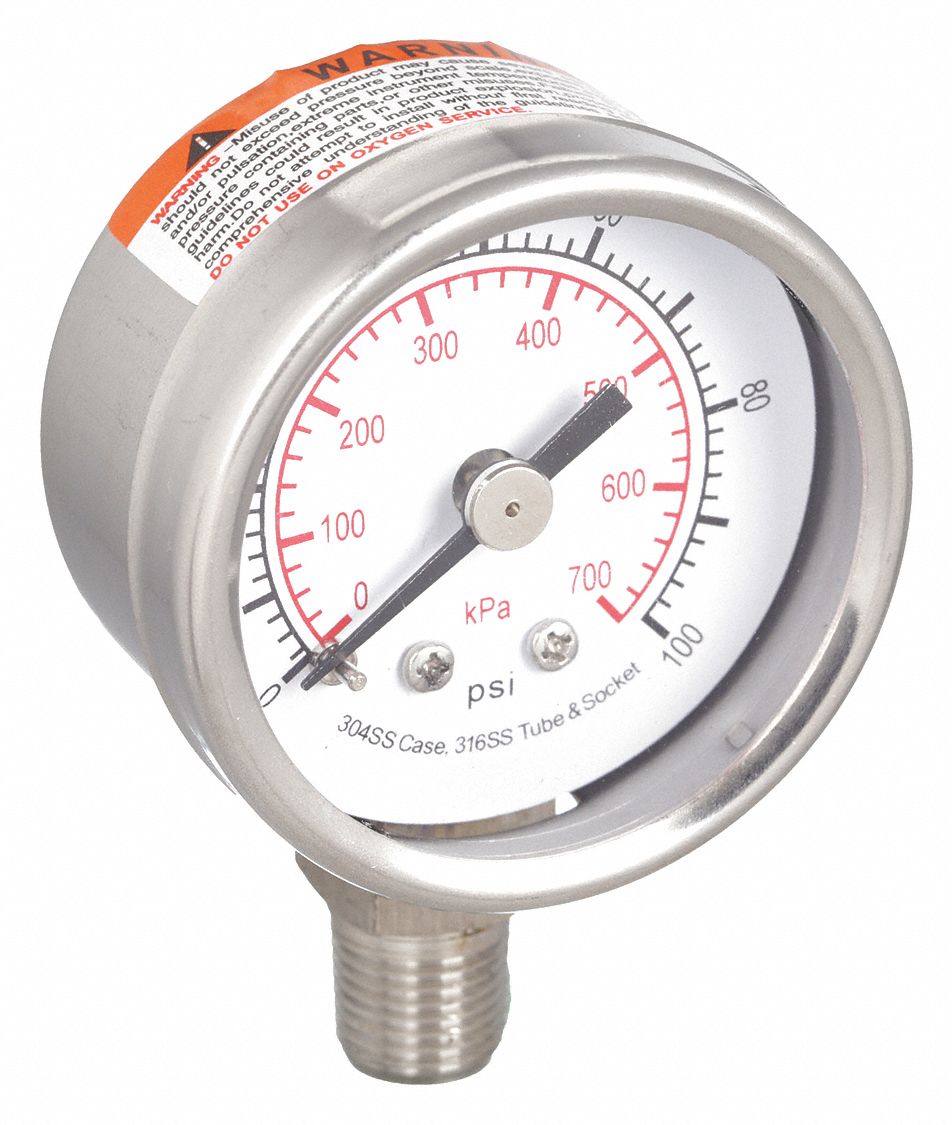 PRESSURE GAUGE,1 1/2 IN,100 PSI,SS,