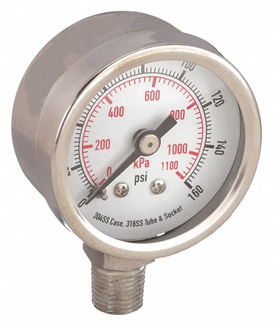COMMERCIAL PRESSURE GAUGE, 0 PSI/HG TO 160 PSI, 1 1/2 IN DIAL, 1/8 IN NPT MALE