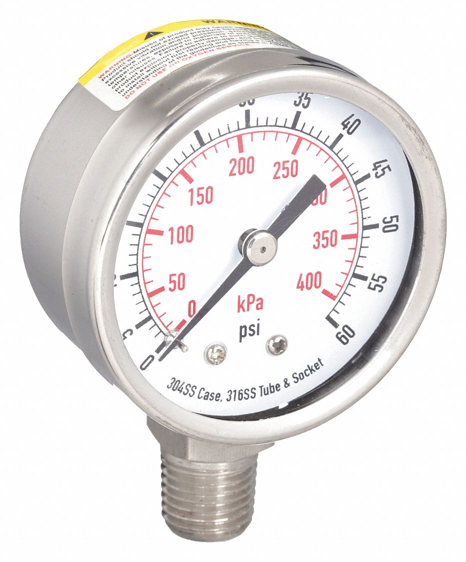 PRESSURE GAUGE,2 IN,60 PSI,SS,LOWER