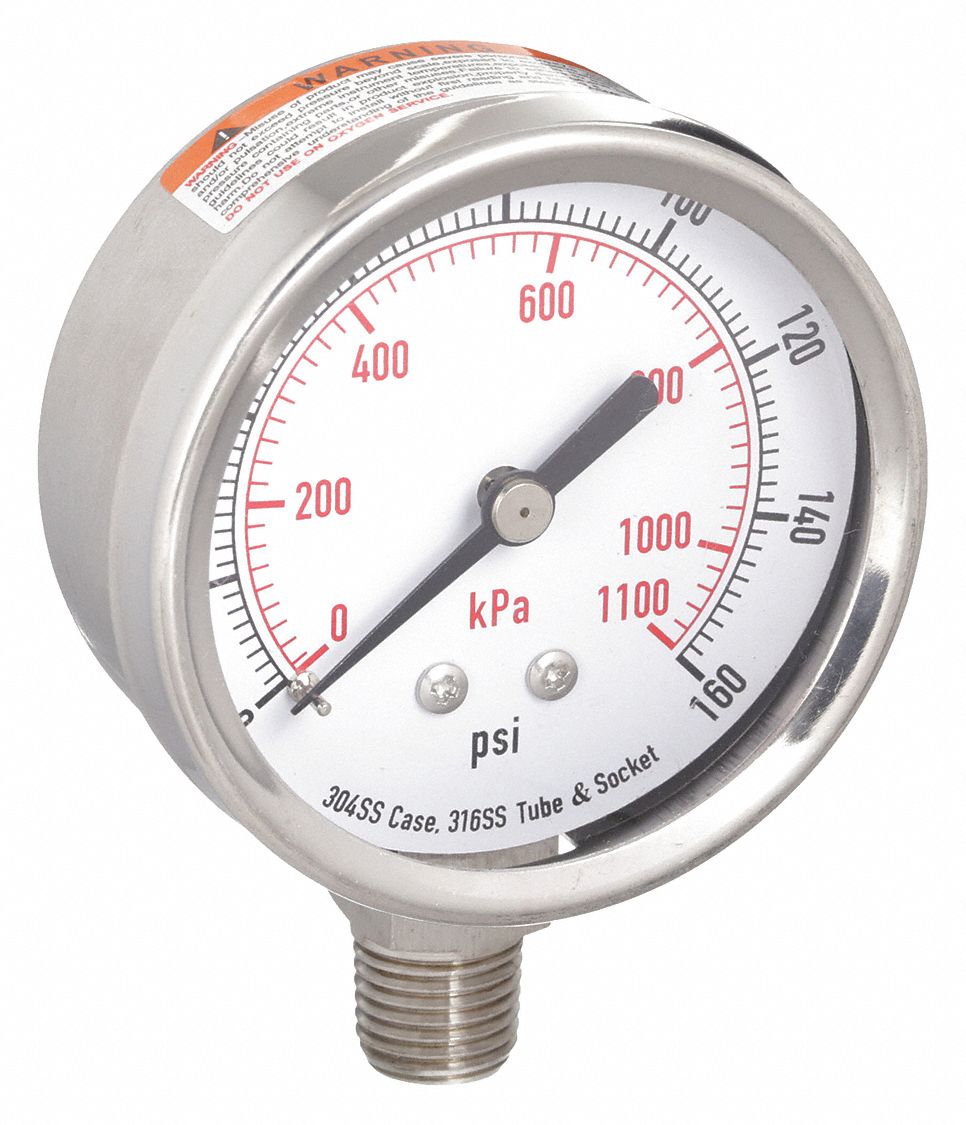 PRESSURE GAUGE,2 1/2 IN,160 PSI,SS,