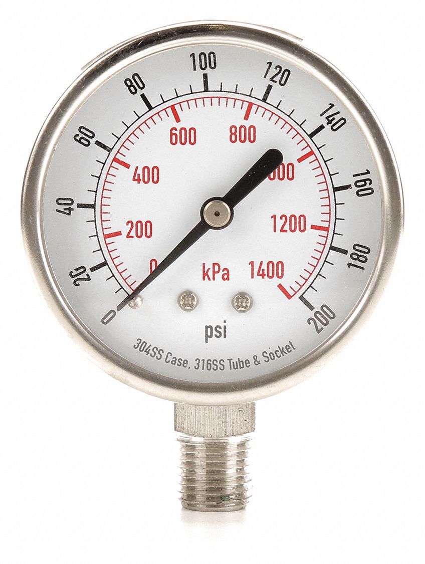 PRESSURE GAUGE, BOTTOM MOUNT, GLYCERIN-FILLED, 0-200 PSI, 1/4 IN, 2 1/2 IN, SS/COPPER