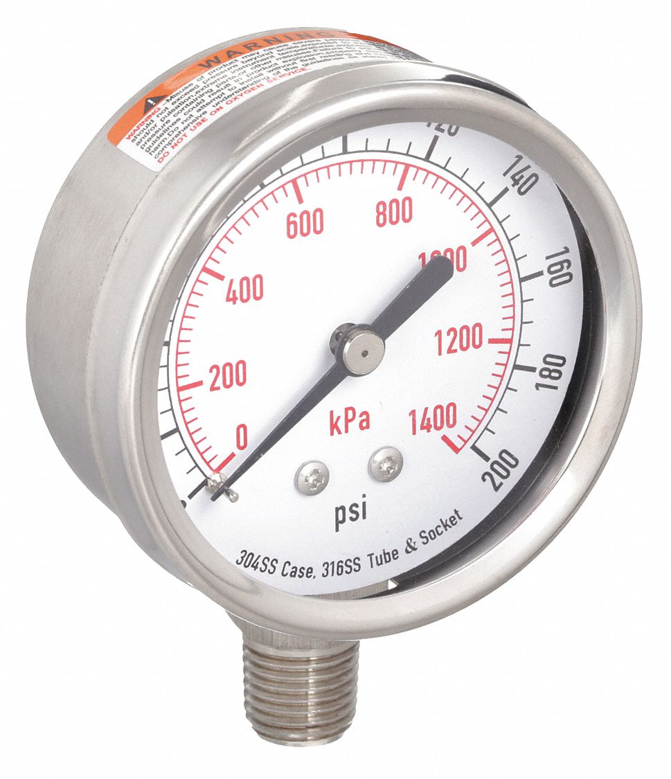 PRESSURE GAUGE,2 1/2 IN,200 PSI,SS,
