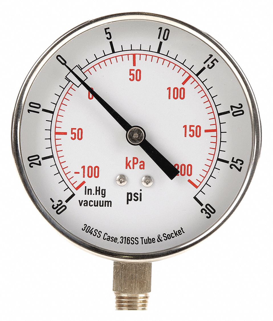 GRAINGER APPROVED Compound Gauge, 30 in Hg Vac to 30 psi, 100 kPa Vac