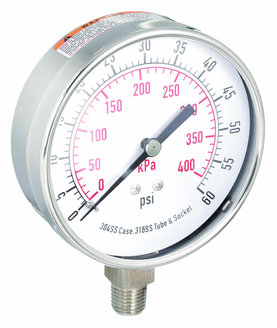 PRESSURE GAUGE,3 1/2 IN,60 PSI,SS,L