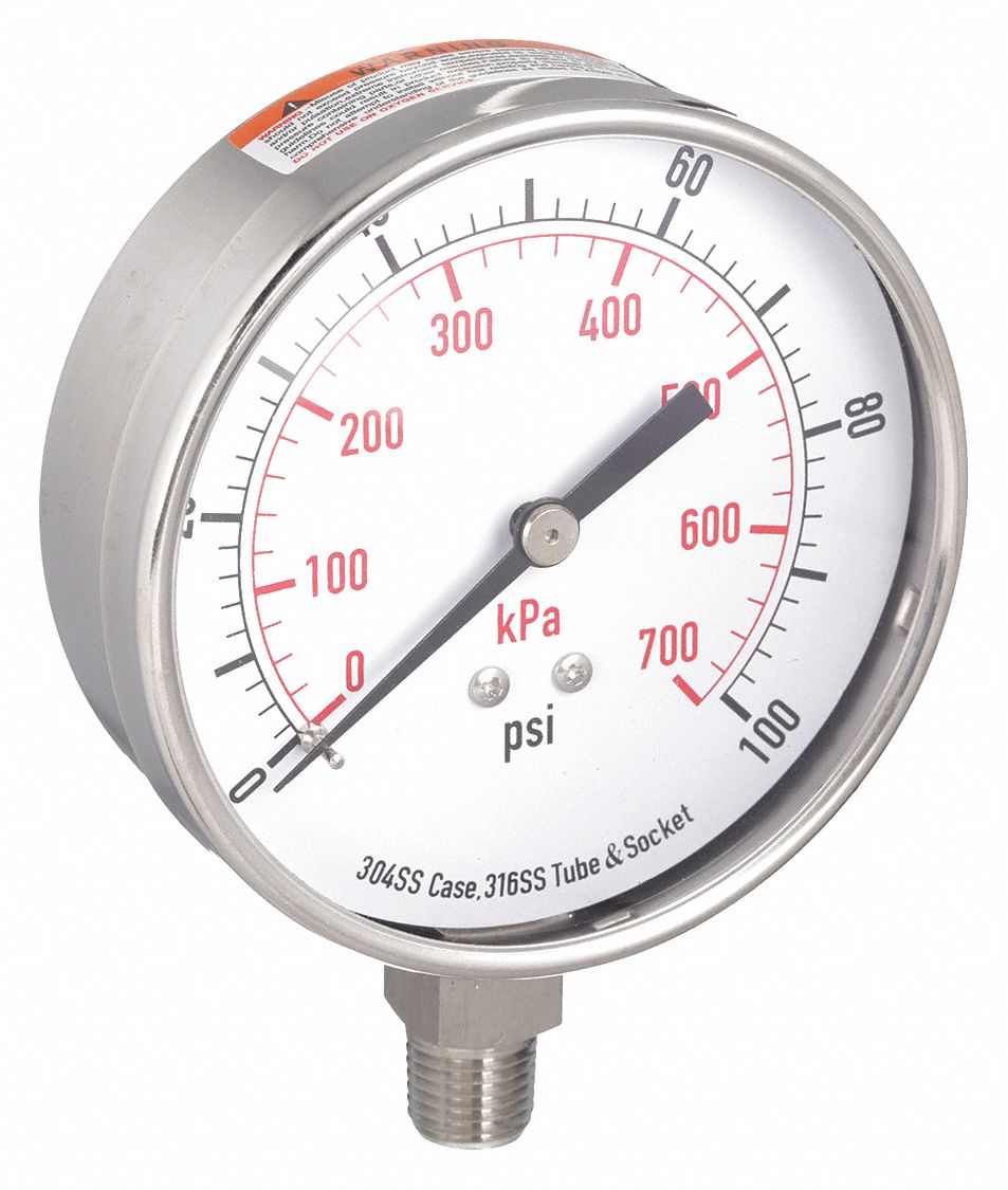 PRESSURE GAUGE,3 1/2 IN,100 PSI,SS,