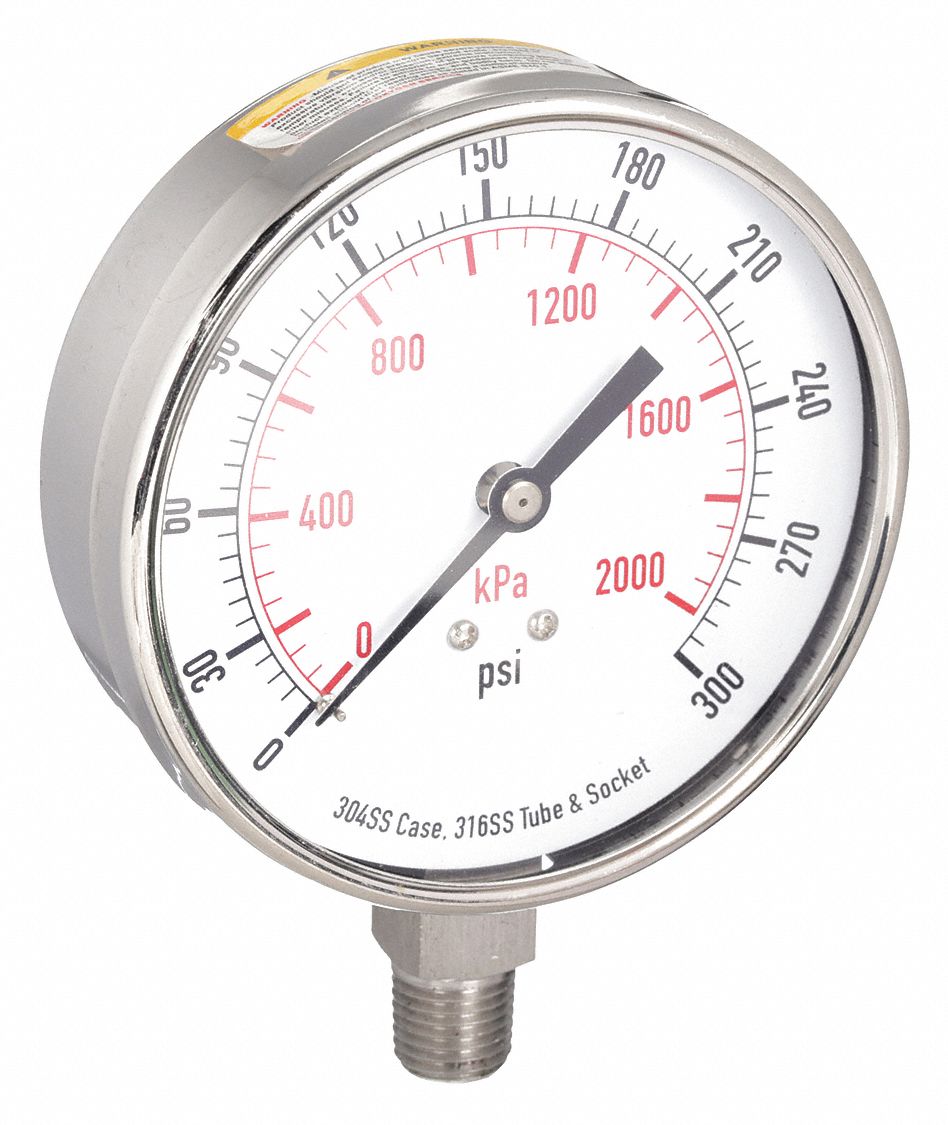 PRESSURE GAUGE,3 1/2 IN,300 PSI,SS,