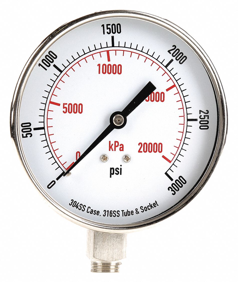 GRAINGER APPROVED Pressure Gauge, 0 to 20,000 kPa, 0 to 3000 psi Range