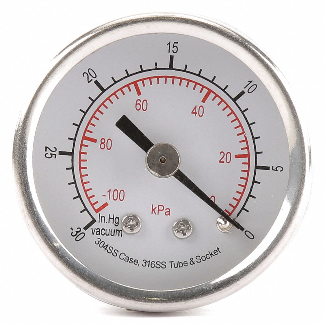 GRAINGER APPROVED Vacuum Gauge, 30 in Hg Vac to 0, 100 kPa Vac to 0