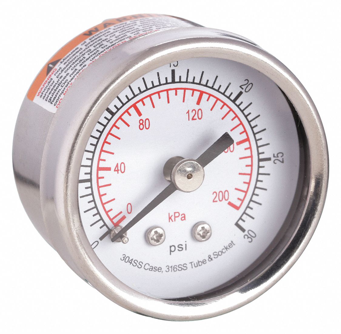 PRESSURE GAUGE,1 1/2 IN,30 PSI,SS,B