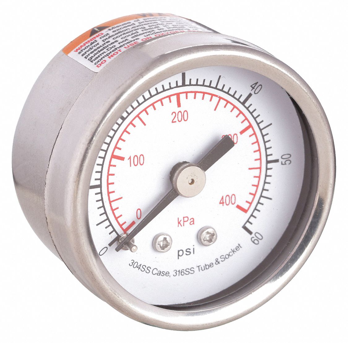 PRESSURE GAUGE,1 1/2 IN,60 PSI,SS,B