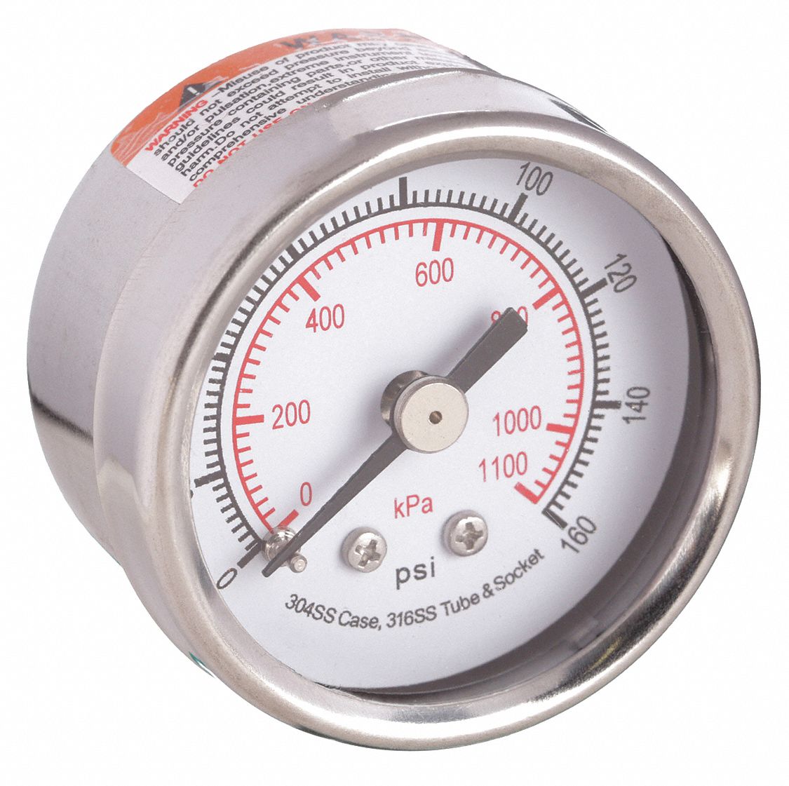PRESSURE GAUGE,1 1/2 IN,160 PSI,SS,