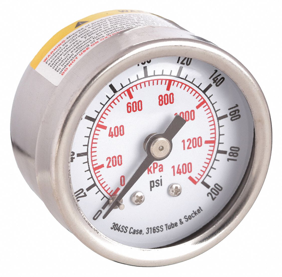 PRESSURE GAUGE,1 1/2 IN,200 PSI,SS,