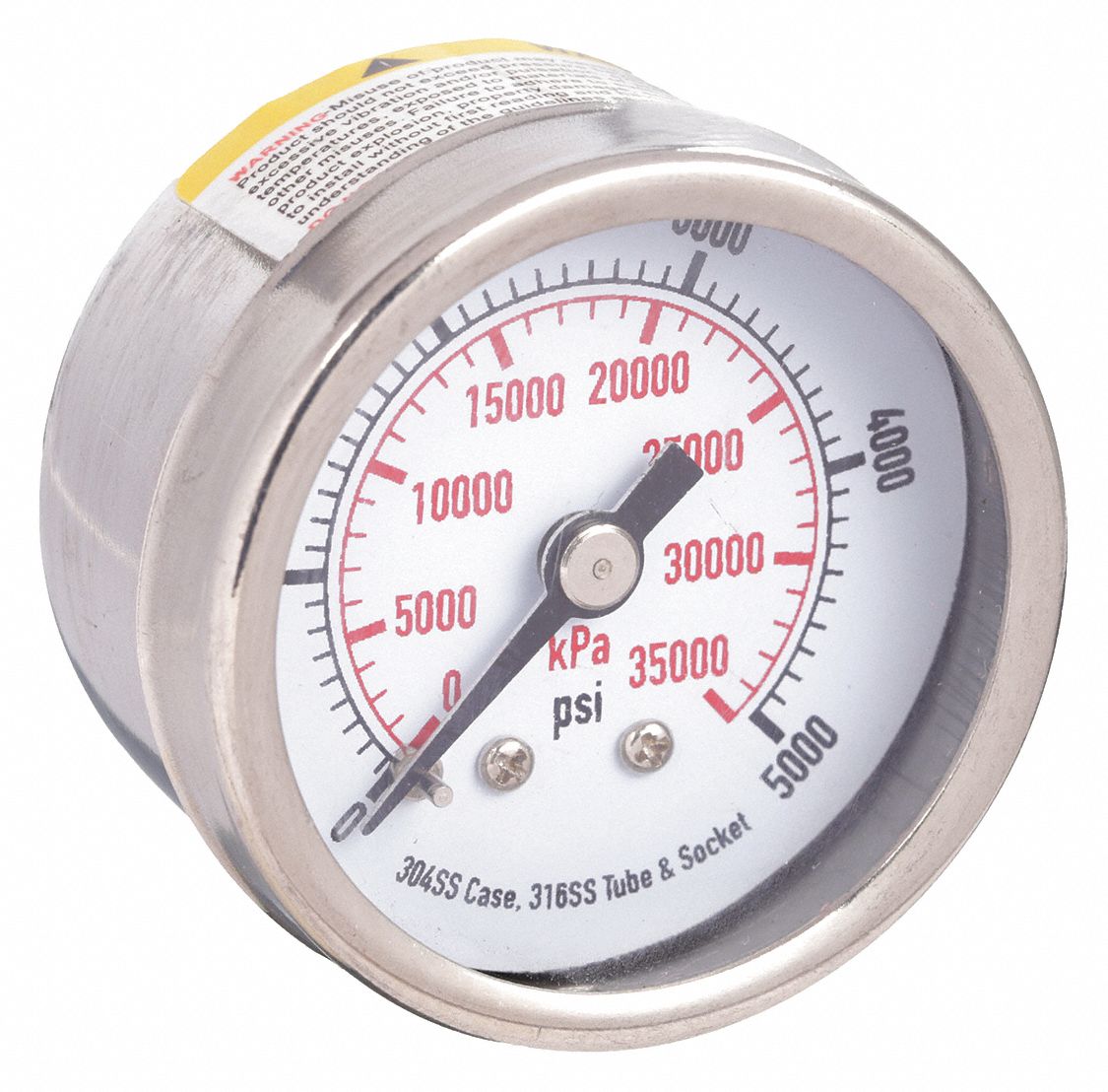 Commercial Pressure Gauge: 0 psi / Hg to 5, 000 psi, 1 1/2 in Dial, 1/8 in NPT Male