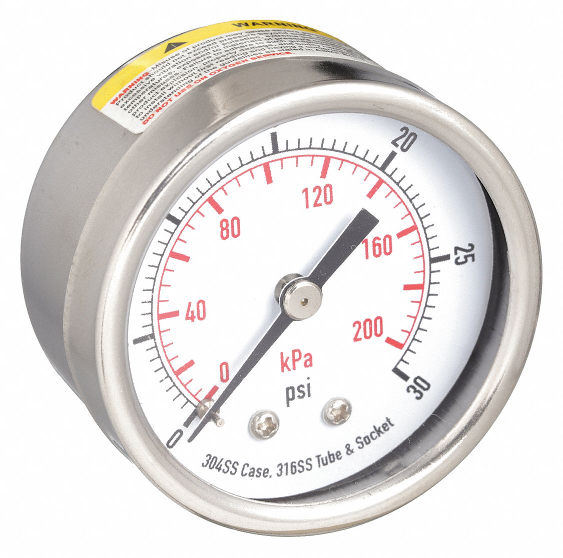 PRESSURE GAUGE,2 IN,30 PSI,SS,BACK