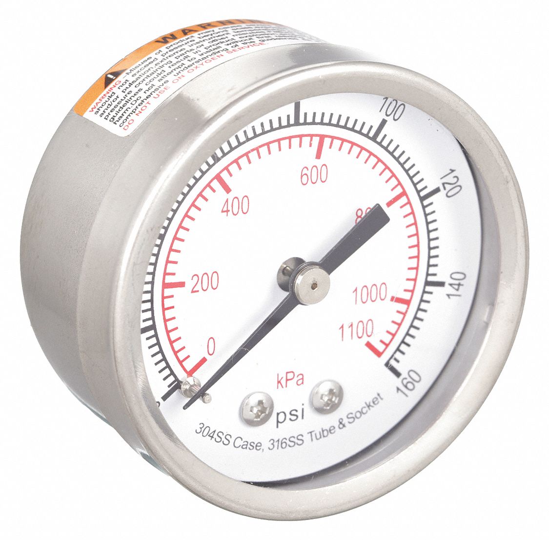 PRESSURE GAUGE,2 IN,160 PSI,SS,BACK