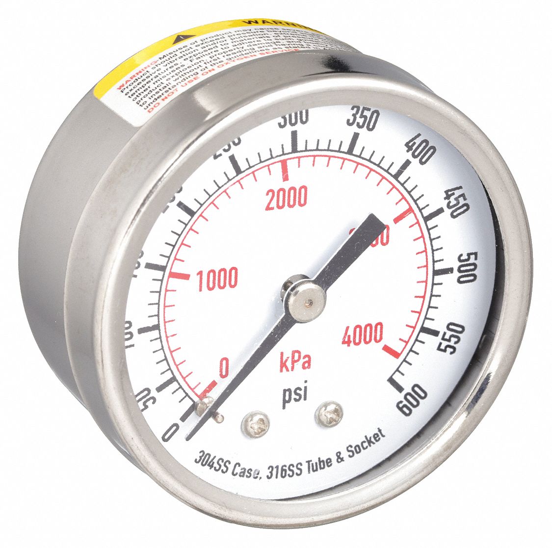 Commercial Pressure Gauge: 0 psi / Hg to 600 psi, 2 in Dial, 1/4 in NPT Male, Single