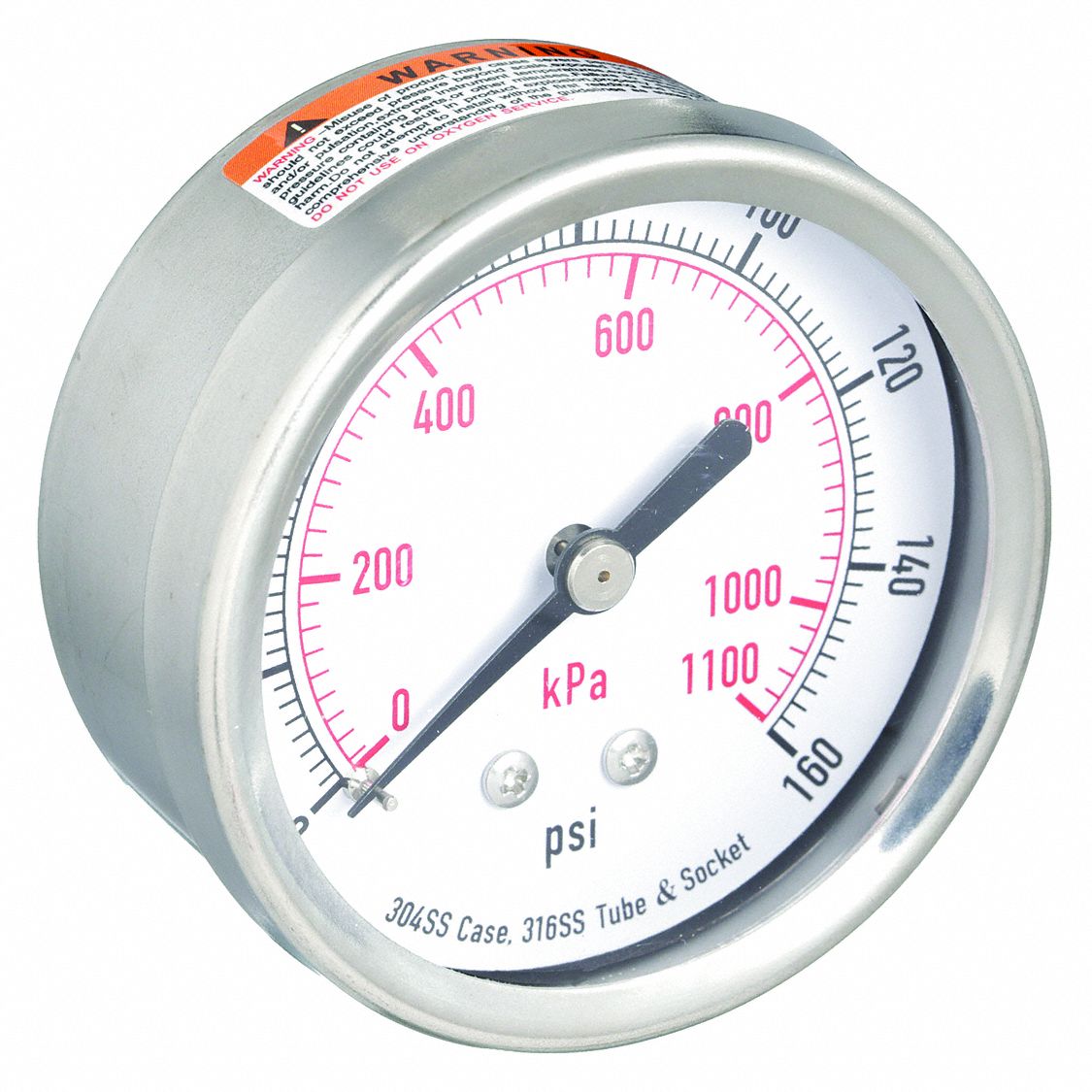 PRESSURE GAUGE,2 1/2 IN,160 PSI,SS,