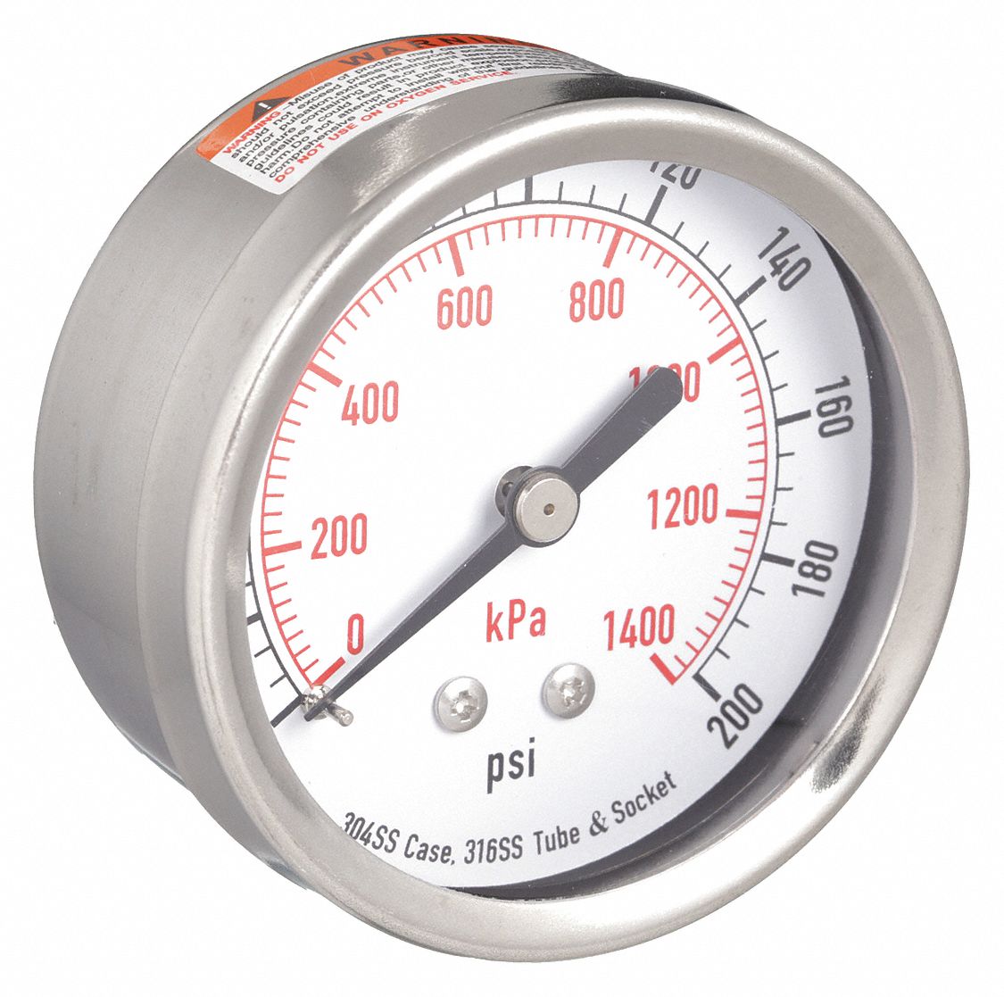 PRESSURE GAUGE,2 1/2 IN,200 PSI,SS,