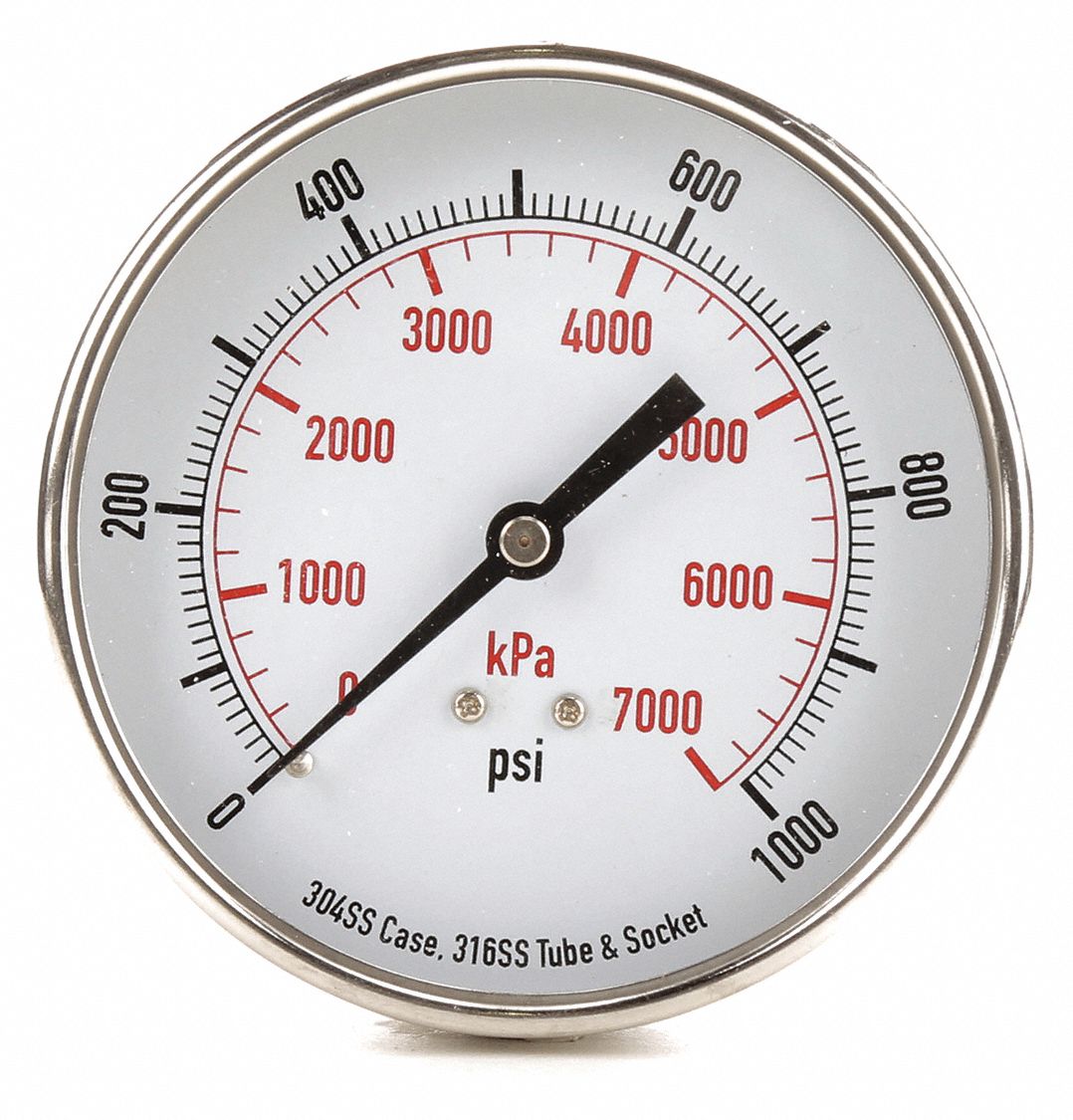 GRAINGER APPROVED Pressure Gauge, 0 to 1000 psi, 0 to 7000 kPa Range, 1 ...