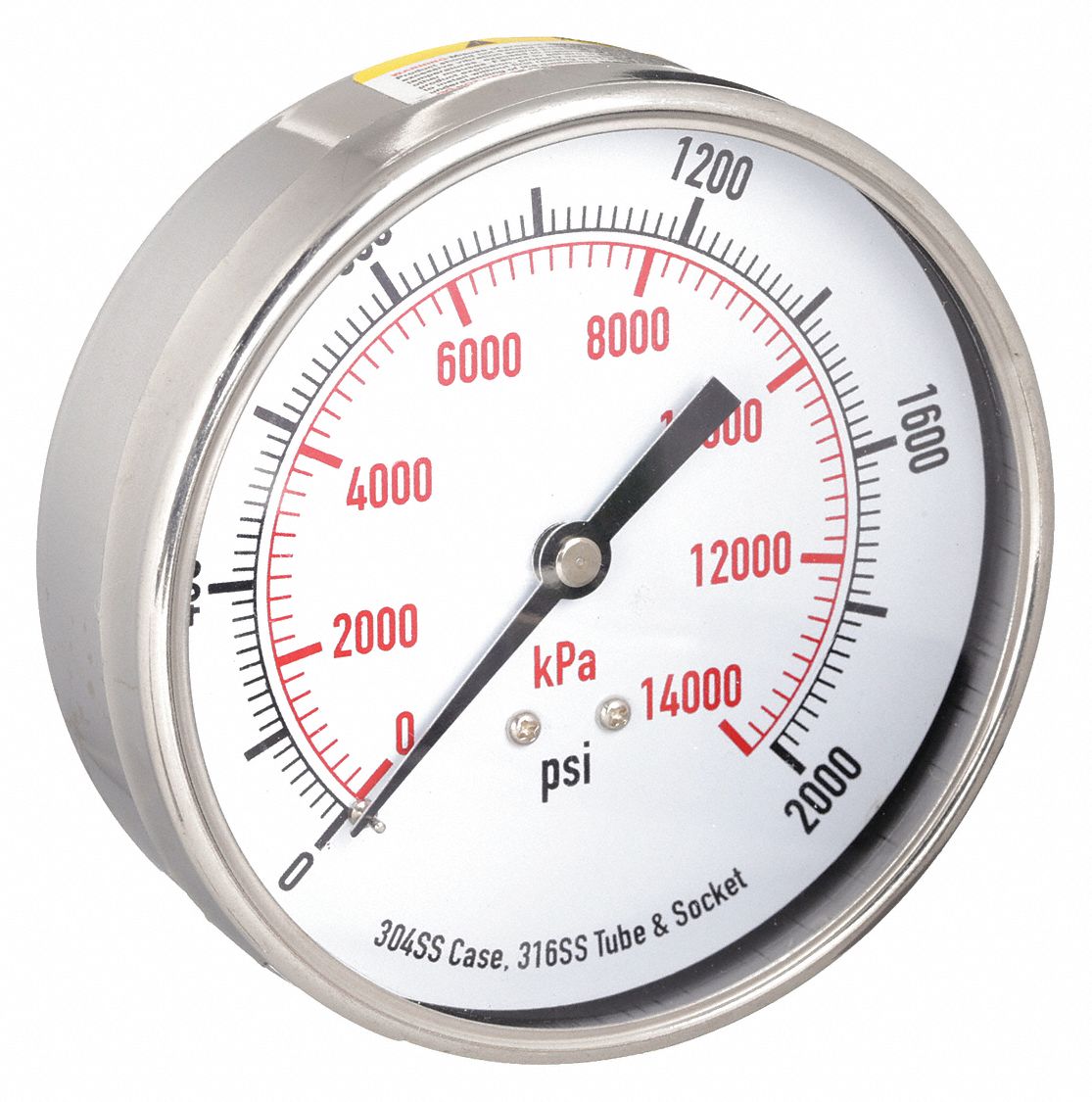 Commercial Pressure Gauge: 0 psi / Hg to 2, 000 psi, 3 1/2 in Dial, 1/4 in NPT Male
