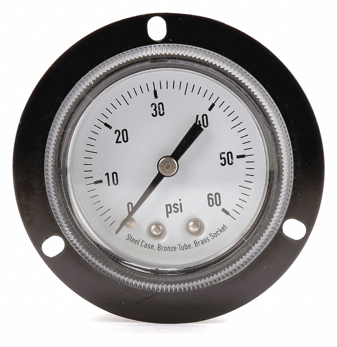 GRAINGER APPROVED PanelMount Pressure Gauge Front Flange, 0 to 60 psi