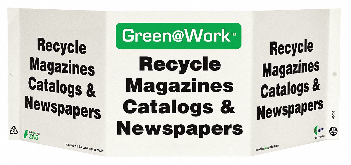 RECYCLING SIGN, PLASTIC, 20 IN WIDTH, 7&frac12; IN HEIGHT, GREEN/WHITE, WITH MOUNTING HOLES, V-SHAPED, GREEN AT WORK