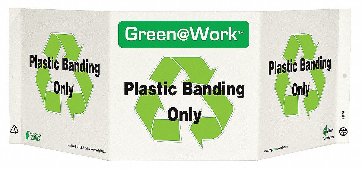 RECYCLING SIGN, PLASTIC, 20 IN WIDTH, 7&frac12; IN HEIGHT, GREEN/WHITE, WITH MOUNTING HOLES, V-SHAPED, GREEN AT WORK