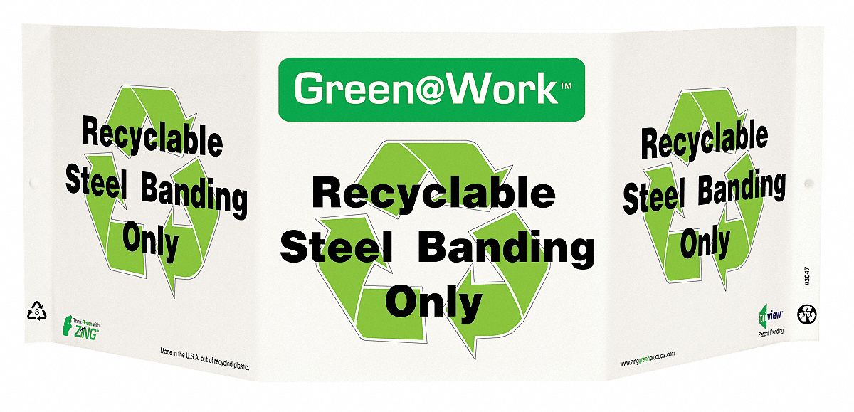 RECYCLING SIGN, PLASTIC, 20 IN WIDTH, 7&frac12; IN HEIGHT, GREEN/WHITE, WITH MOUNTING HOLES, V-SHAPED, GREEN AT WORK