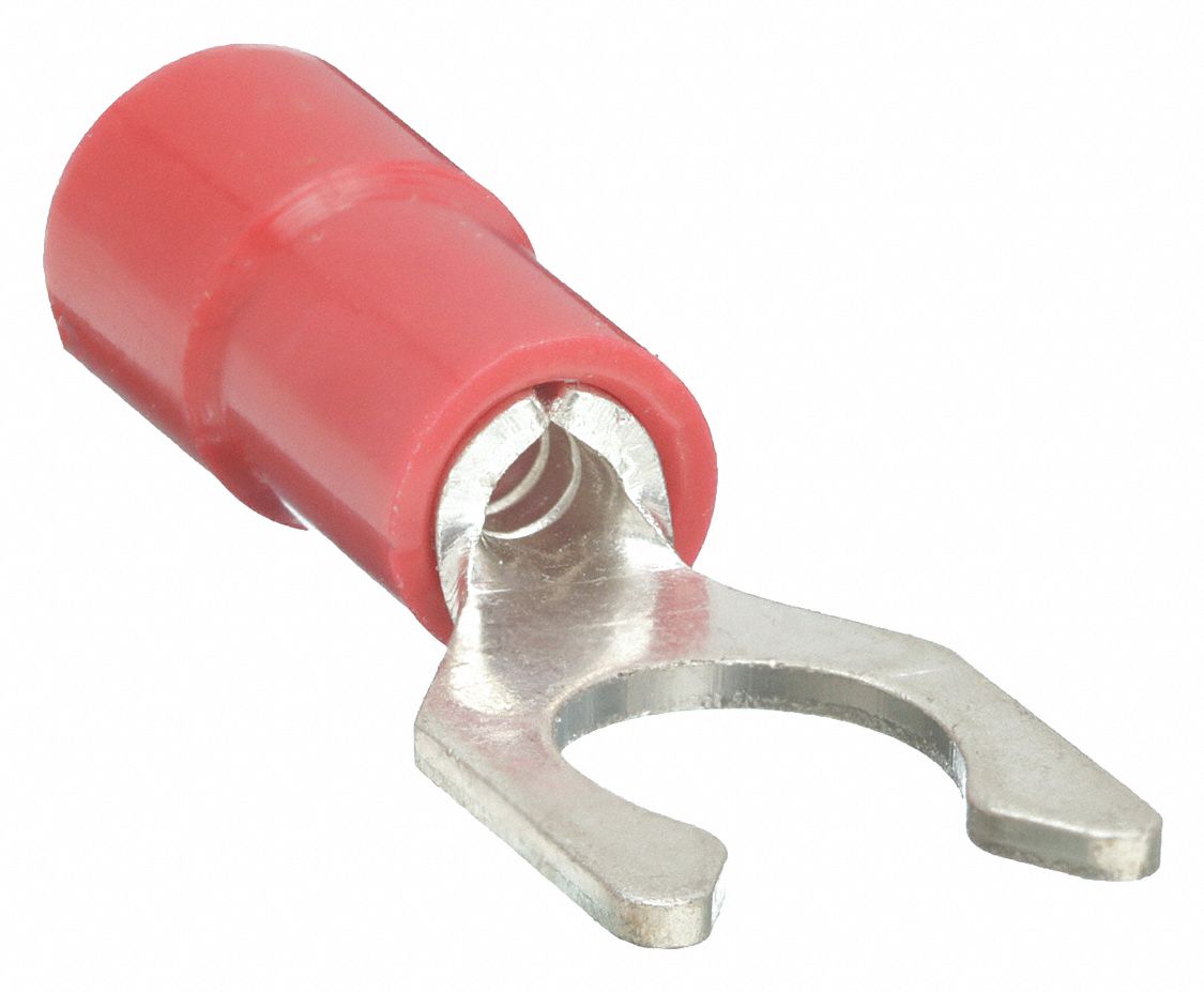 FORK TERMINAL, PARTIAL COVERAGE, RED, VINYL, #6 STUD SIZE, 100 PK