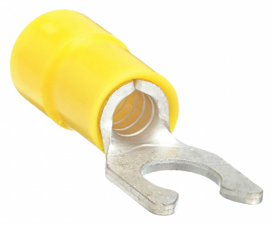 FORK TERMINAL, PARTIAL COVERAGE, YELLOW, VINYL, ¼ IN STUD SIZE, CRIMP/VINYL, 50 PK