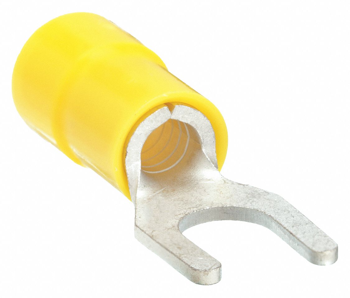 FORK TERMINAL, PARTIAL COVERAGE, YELLOW, VINYL, #10 STUD SIZE, 0.00 - ½ INCHES, 50 PK