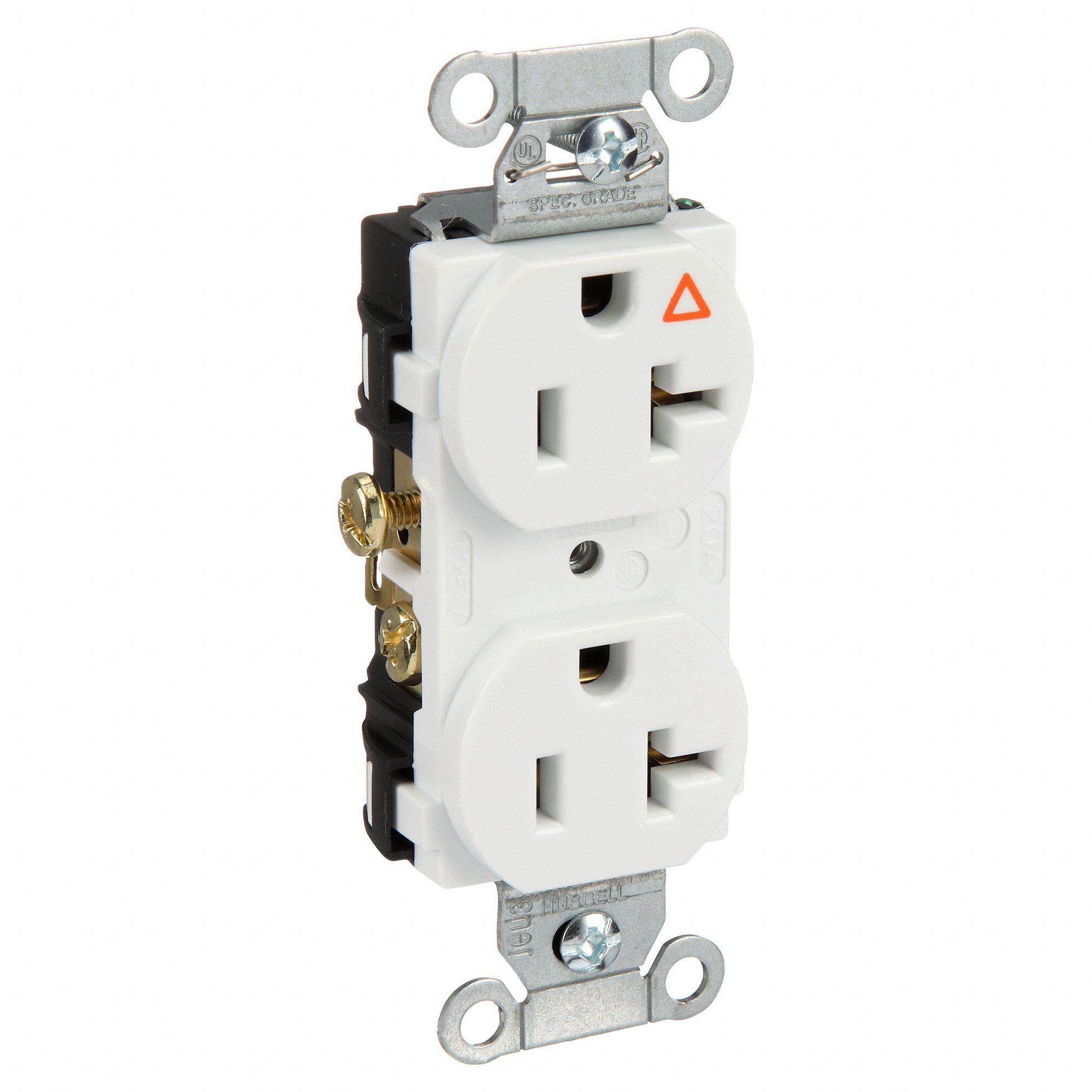 Receptacle: Duplex, White, 5-20R, 20 A, 125V AC, 2 Pole / 3 Wire, Screw Terminals