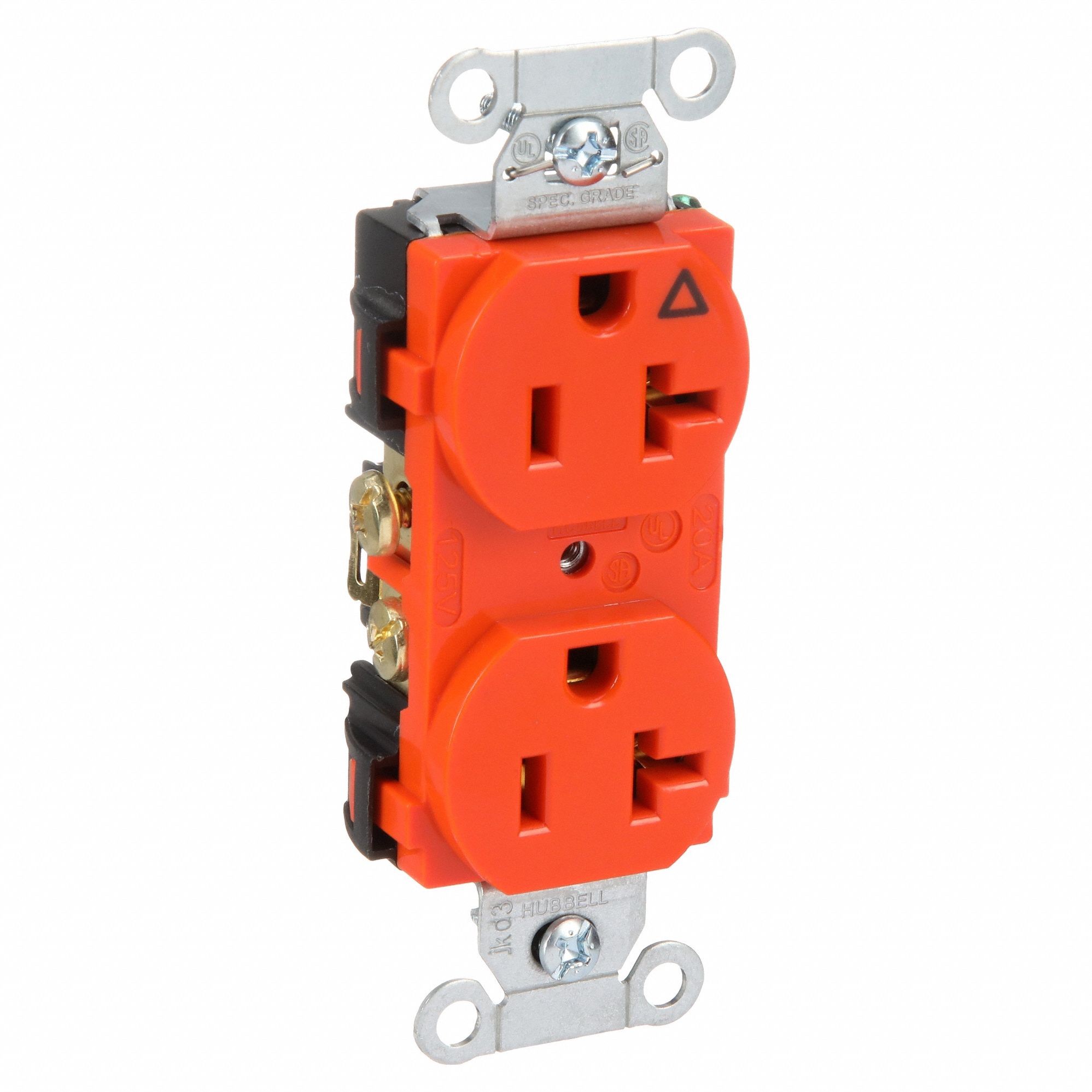 RECEPTACLE, DUPLEX, ORANGE, 5-20R, 20 A, 125V AC, 2 POLE/3 WIRE, SCREW TERMINALS, SMOOTH