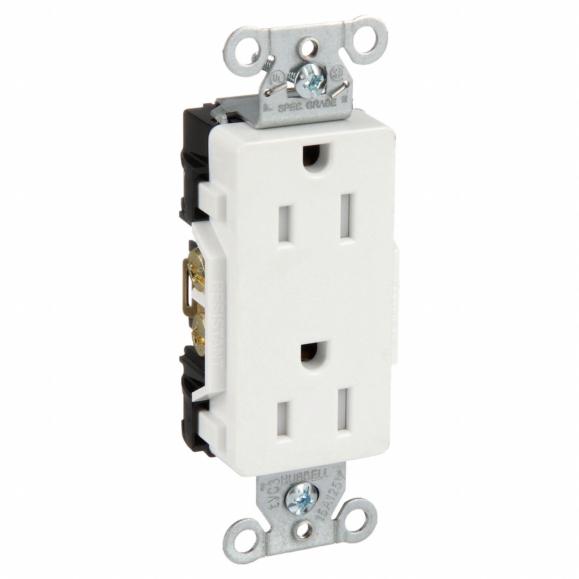 RECEPTACLE, DECORATOR DUPLEX, WHITE, 5-15R, 15 A, 125V AC, 2 POLE/3 WIRE, SCREW TERMINALS