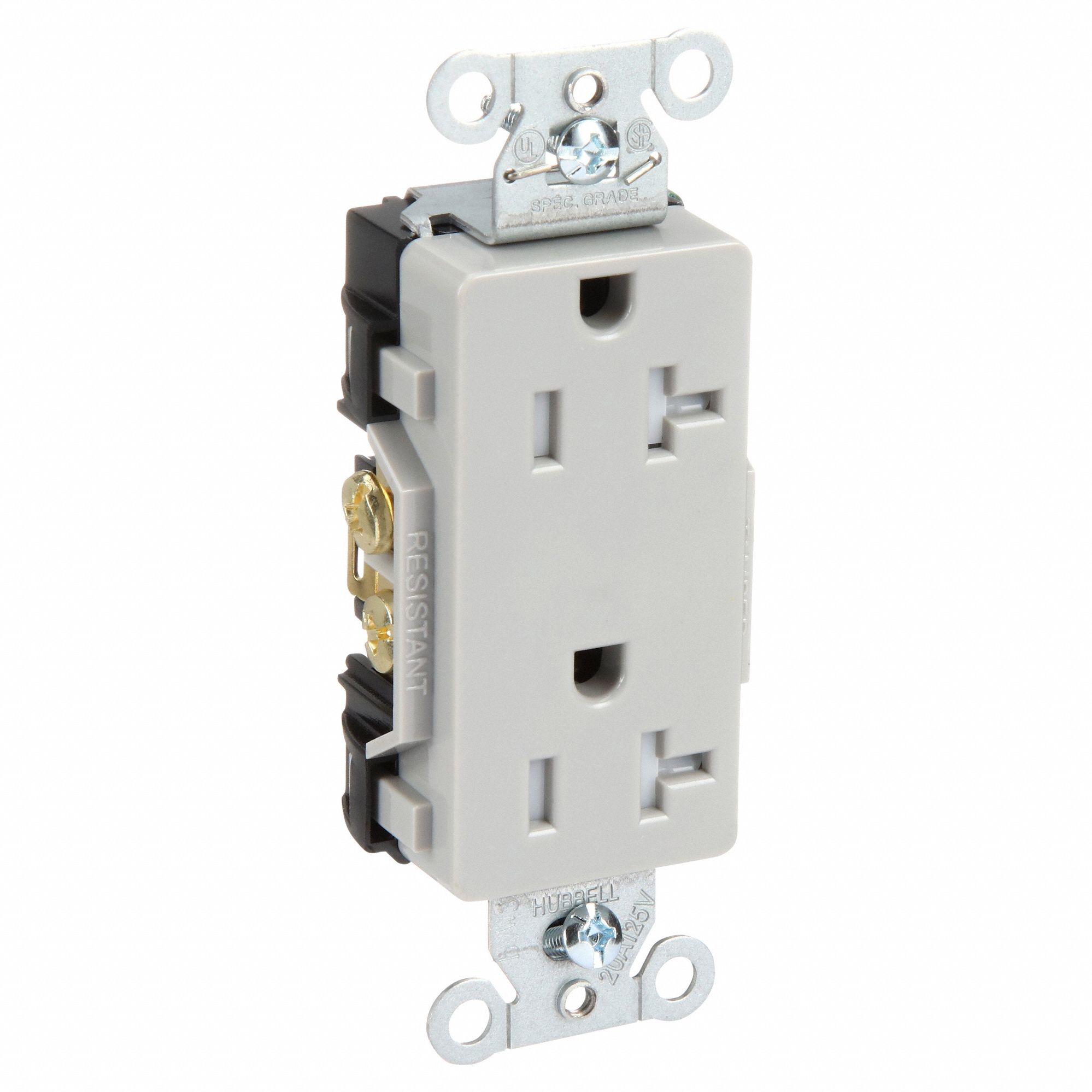 Receptacle: Decorator Duplex, Gray, 5-20R, 20 A, 125V AC, 2 Pole / 3 Wire, Screw Terminals
