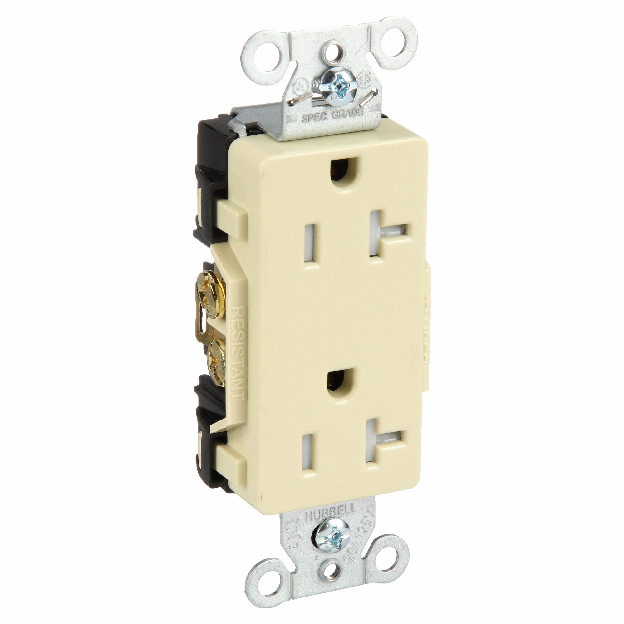 RECEPTACLE, DECORATOR DUPLEX, IVORY, 5-20R, 20 A, 125V AC, 2 POLE/3 WIRE, SCREW TERMINALS