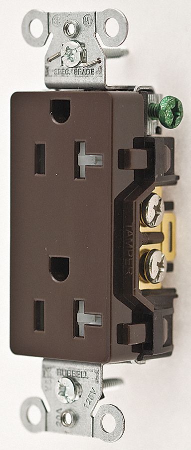 RECEPTACLE, DECORATOR DUPLEX, BROWN, 5-20R, 20 A, 125V AC, 2 POLE/3 WIRE, SCREW TERMINALS