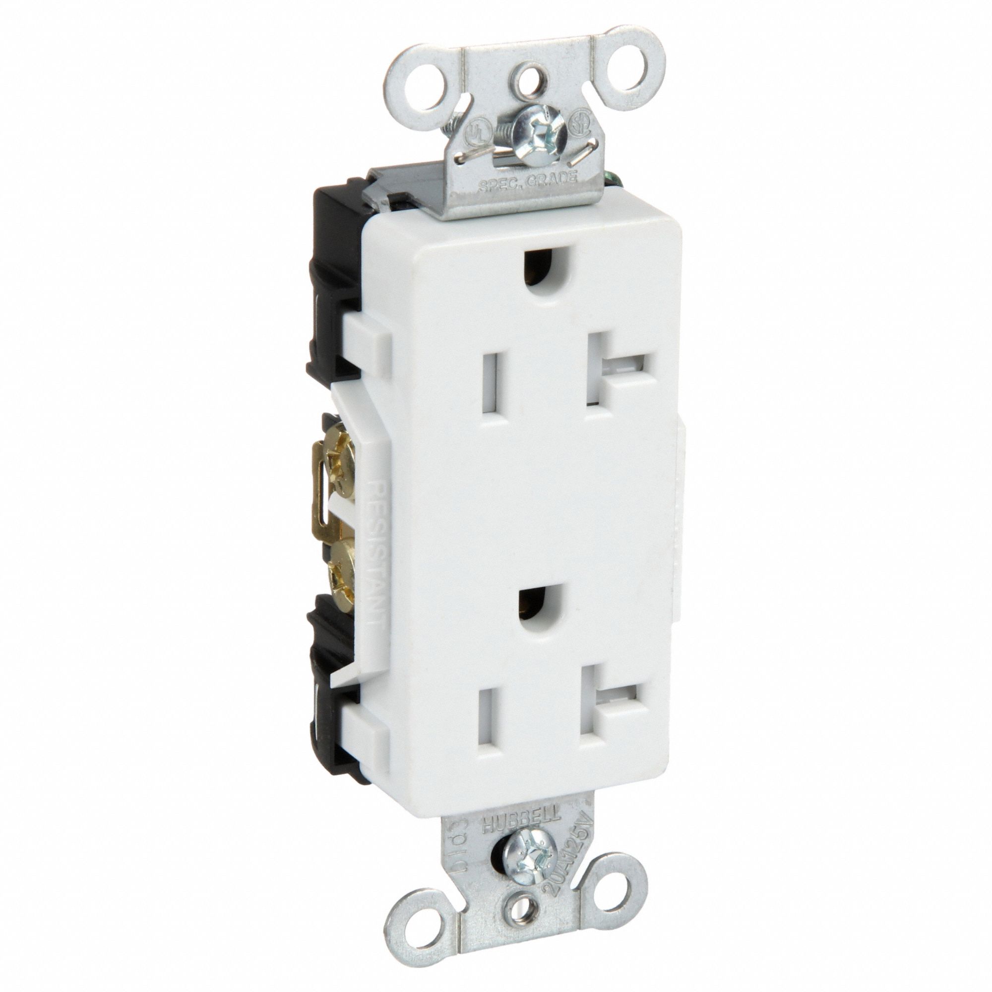 RECEPTACLE, DECORATOR DUPLEX, WHITE, 5-20R, 20 A, 125V AC, 2 POLE/3 WIRE, SCREW TERMINALS