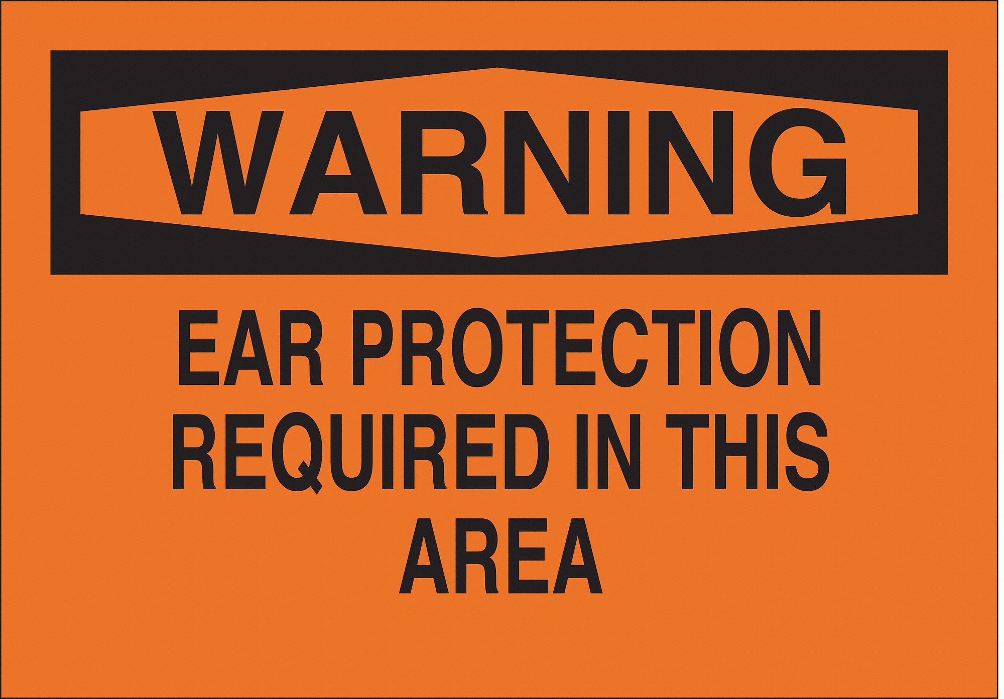 WARNING SIGN, ALUMINUM, EAR PROTECTION REQUIRED IN THIS AREA, HEADER WARNING, RECTANGLE, 10 IN H, MOUNTING HOLES, BLACK
