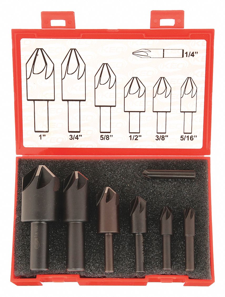 Countersink Set: High Speed Steel, Bright (Uncoated) Finish, 1/4 in Smallest Body Dia., 7 Pieces