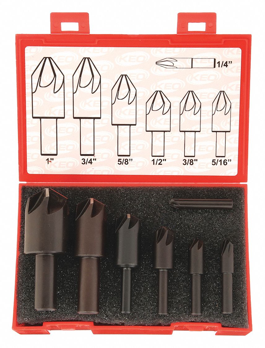 Countersink Set: High Speed Steel, Bright (Uncoated) Finish, 1/4 in Smallest Body Dia., 7 Pieces