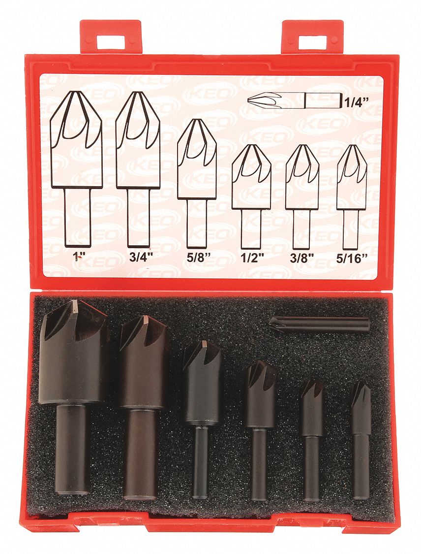 COUNTERSINK SET, HIGH SPEED STEEL, BRIGHT/UNCOATED, ¼ IN SMALLEST BODY DIAMETER, 7-PC