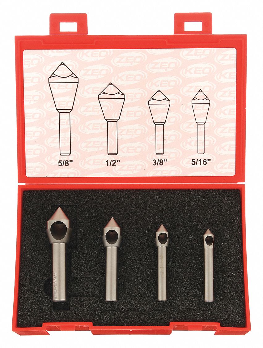 Countersink Set: 82°, 4 Pc, 5/16 in to 5/8 in, 0 Flute, Cobalt