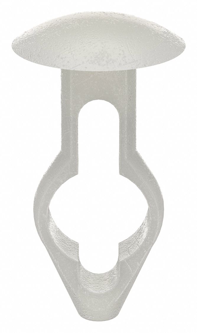 Push-In Rivet, White, Dome, 33/64" L, PK25: Inch, Keyhole, Dome, 0.24 in Shank Dia, Nylon, White, 25 PK
