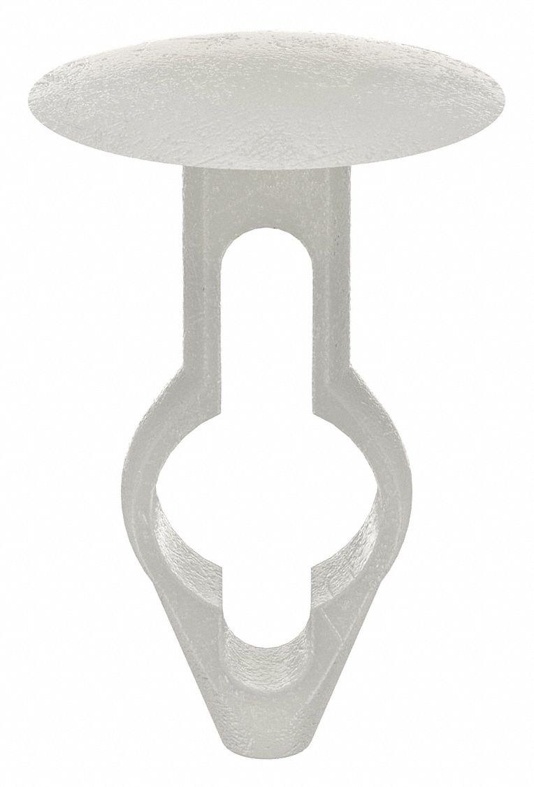 Push-In Rivet, White, Dome, 47/64" L, PK25: Inch, Keyhole, Dome, 0.313 in Shank Dia, Nylon, White, 25 PK